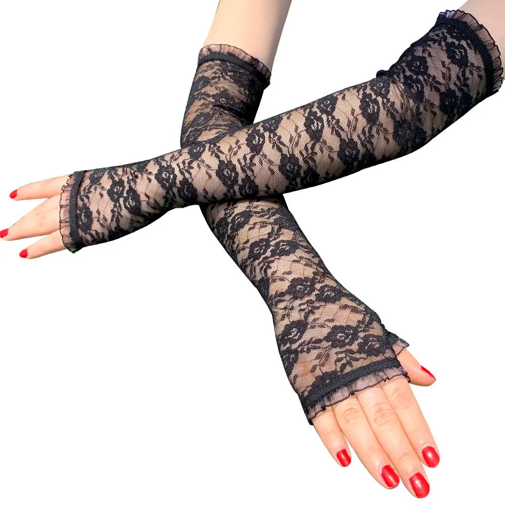 Long Half-finger Lace Gloves, Ladies Summer Sun Protection Sleeves, Driving and Riding, UV Protection Sunshade Leaking Gloves