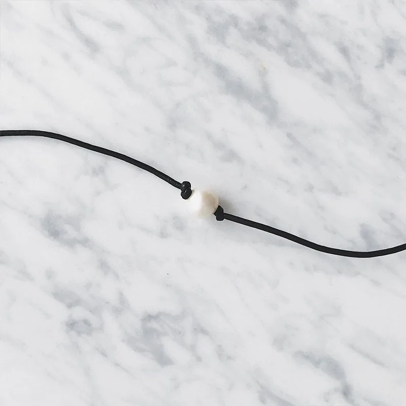 Black Leather Pearl Choker Necklace Real Pearl Necklace Single Pearl Choker Genuine Leather Necklace