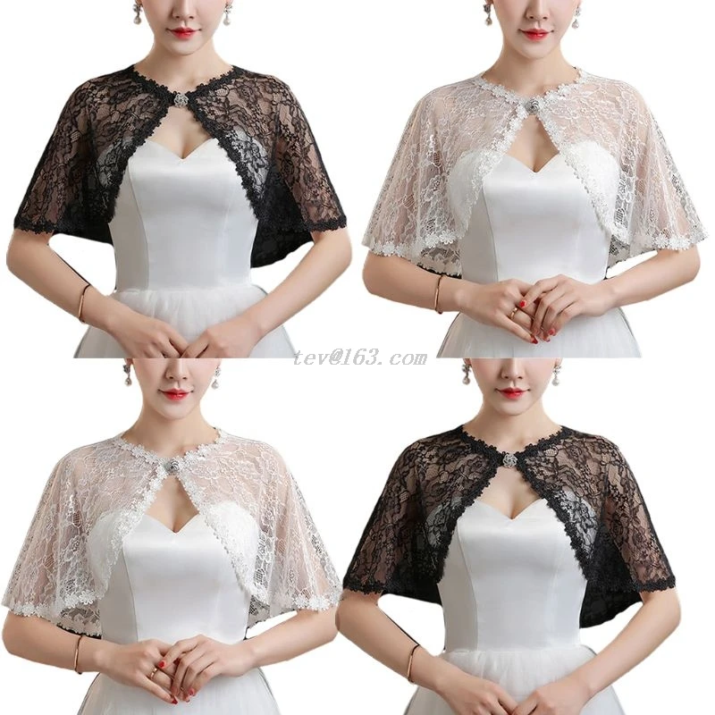 

Women Wedding Floral Lace Wrap Shawl Perspective Embroidery Prom Bolero Shrug Rhinestone Buckle Open Front Bridal Cape