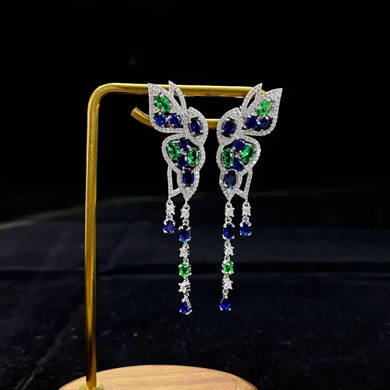 

Luxury Blue Green AAAAA Zircon Dangle Earring For Women Wedding Engagement Ladies Earrings 925 Sterling Silver Jewelry