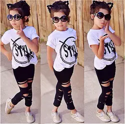 2020 Kids Girls Clothes Set Baby Girl Summer Short Sleeve Print T-Shirt + Hole Pant Leggings 2PCS Outfit Children Clothing Set