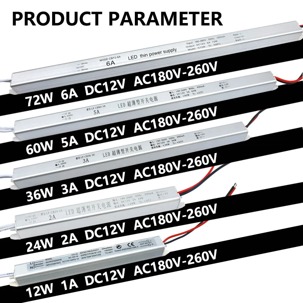 4pcs Ultrathin 12V Power Supply 1A 2A 3A 5A 6A Switching LED Driver Lighting Transformer 220V 12W 24W 36W 60W 72W LED Strip