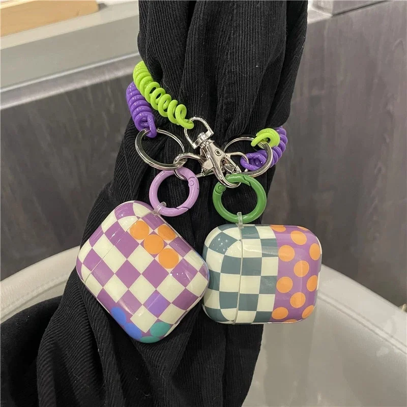 Korea Japan Trendy Checkerboard Dots Earphone Case For Airpods 2 1 Pro 3 Bungee Cord Keychain Headphone Protective Soft Cover