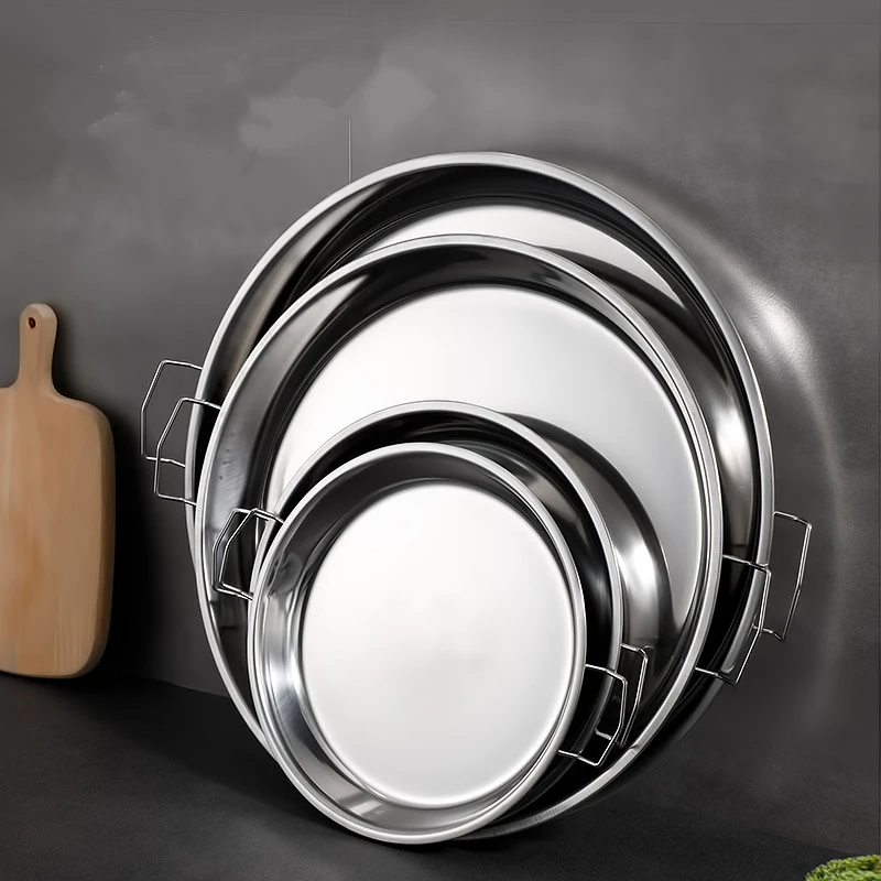 Plato de acero inoxidable para hacer fideos fríos, bandeja redonda para servir arroz al vapor, almacenamiento de masa hervida para pasteles y pasteles, con plato para las orejas