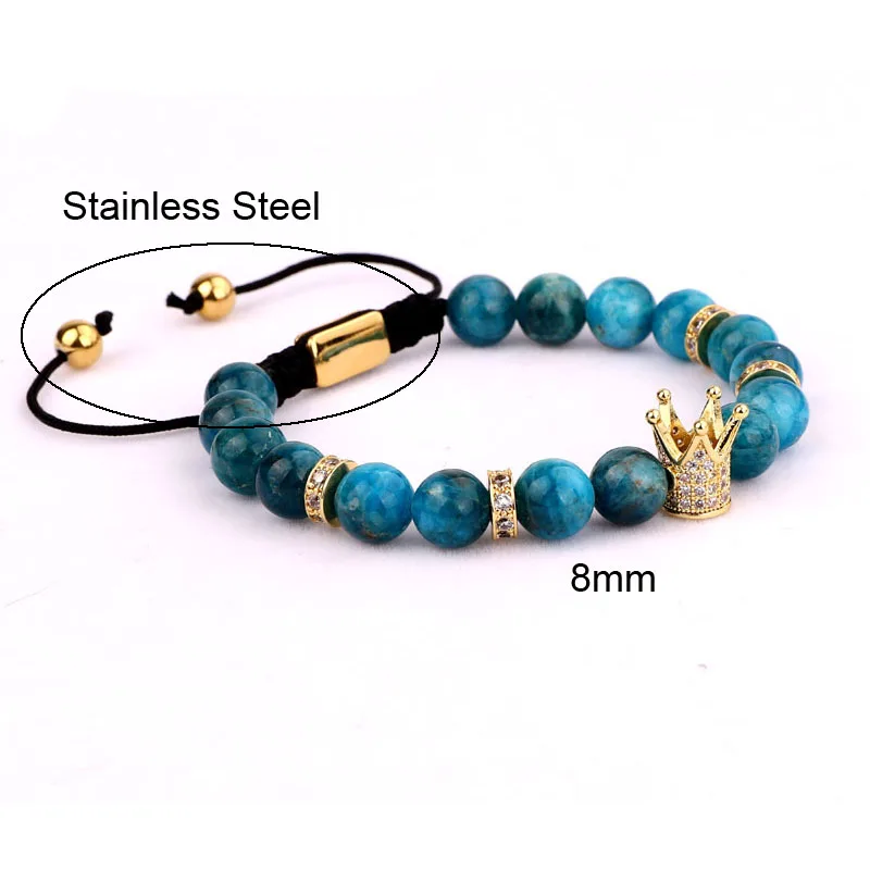 High Quality Natural Stone CZ Pave Crown Skull Charm Bead Braided Friendship Bracelet Women Men