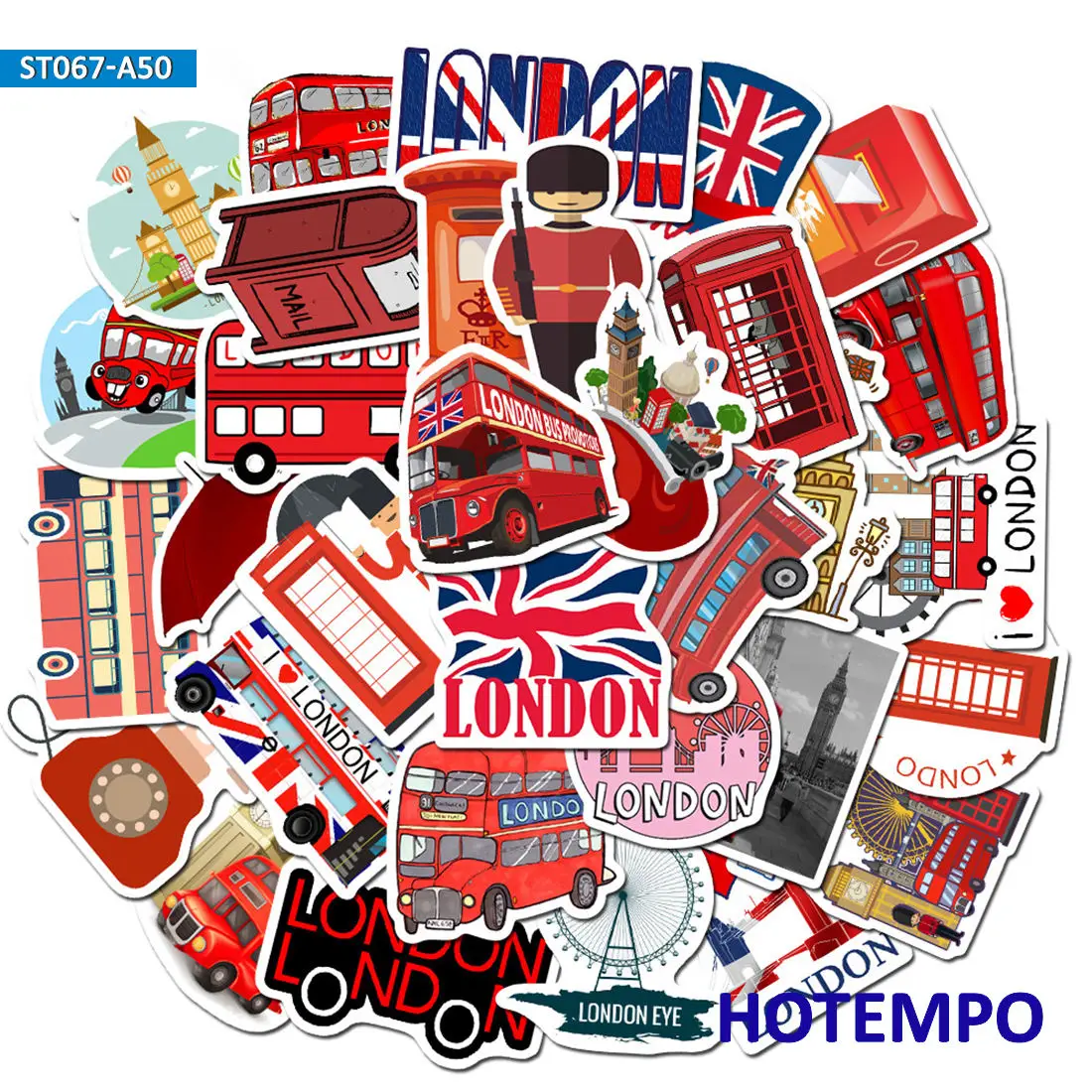 50pcs Red London Cultural Landmark Travel Style Cartoon Decal Stickers Pack for KIds DIY Stationery Phone Laptop Luggage Sticker