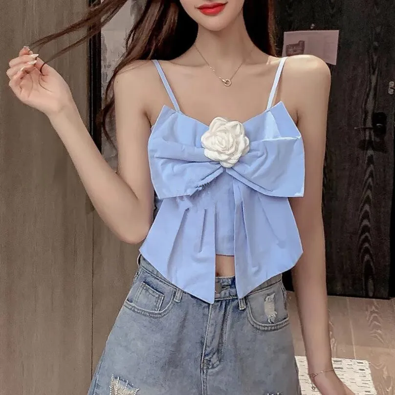 2021 Summer Bow Flower Camisole Women's Slim-Fit Cropped Top Lovely Sweet Girls Sleeveless Sexy Tanks Wrap Chest Small Sling P72