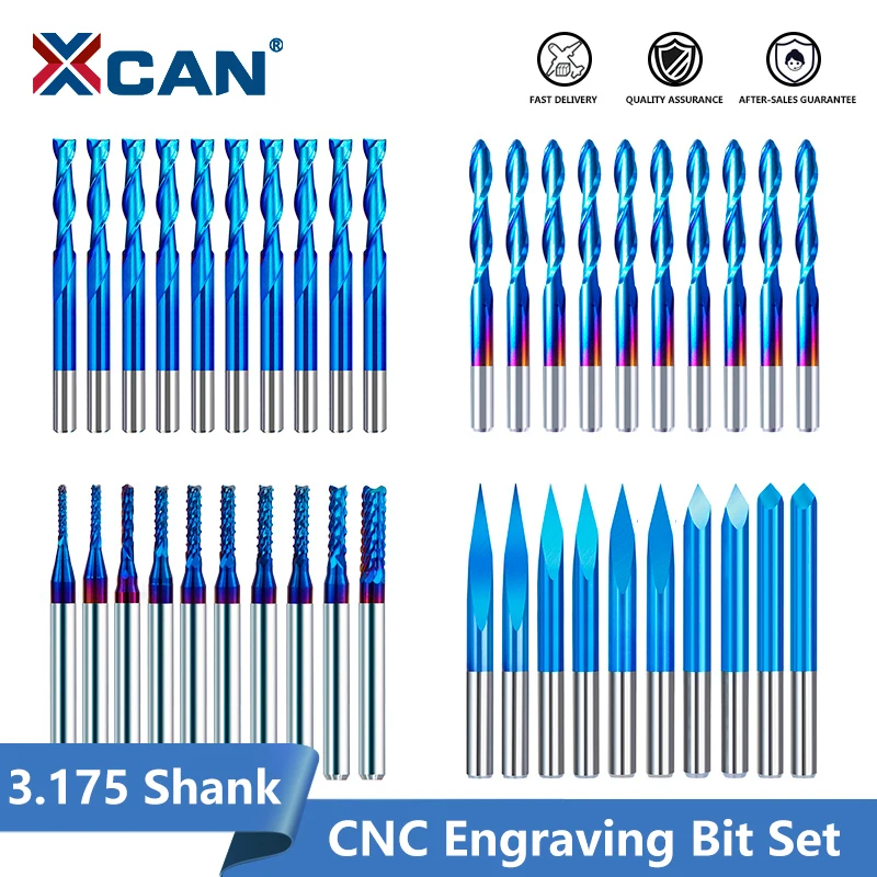 XCAN End Mill CNC Router Bit Ball Nose Flat Straight Flute Engraving Bits Blue Coating CNC Milling Tools