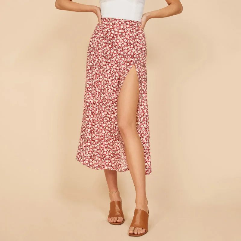 Vintage Floral Leopard Print Ruffle Pleated Divide Long Skirt Summer Women Korean Streetwear Drawstring Elastic Waist Midi Skirt