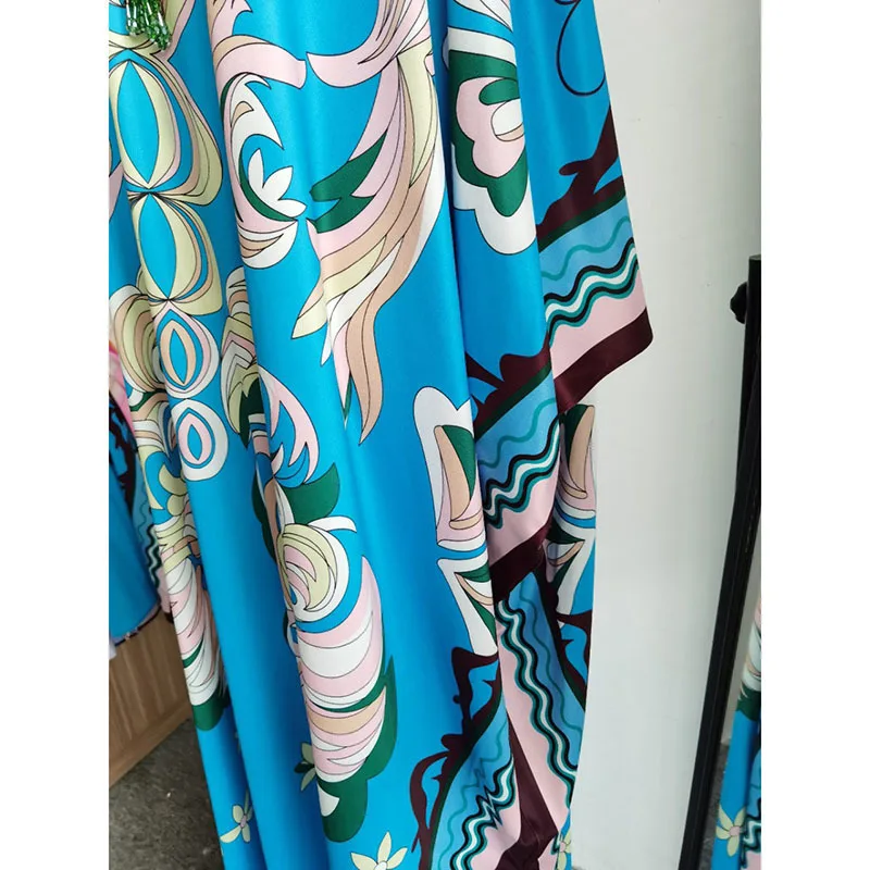 Luxury Designer Inspired Women Summer Silk Kaftan Bohemian Oversize Loose Long Maxi Blue Dress