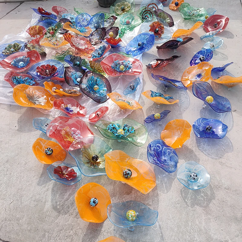 New Flowery Murano Glass Platters  2 to 3 Layer Wall Mounted Plate for Home Hotel Hanging Decorative Wall Art