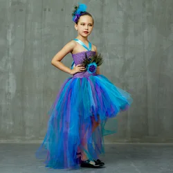 Vintage Peacock Flower Girls Party Dresses for Halloween Birthday Part Costumes Peacock Feather Kids Girls Tutu Dresses