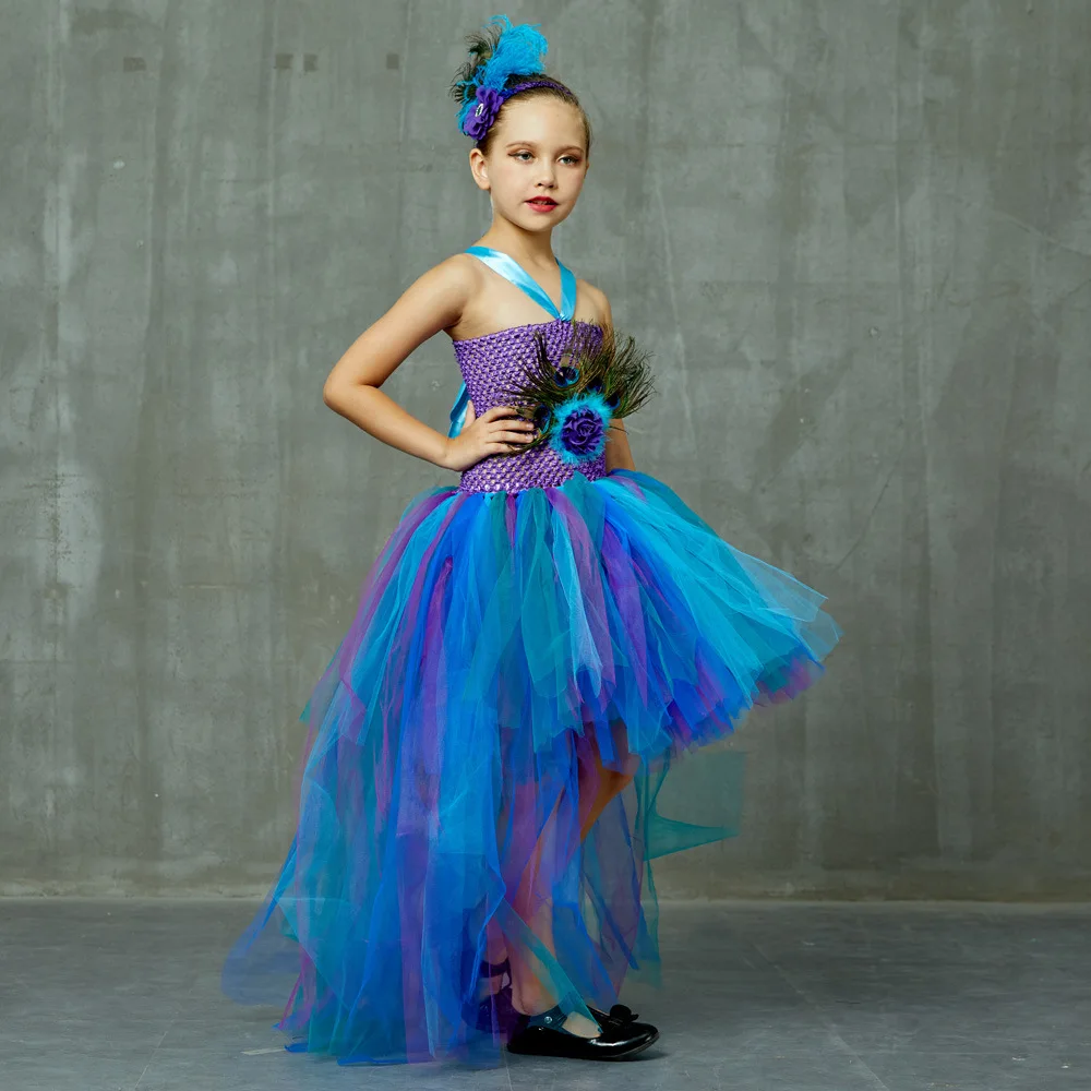 Vintage paw Flower Girls sukienek na Halloween urodziny część kostiumy pawie pióro dzieci dziewczyny sukienki Tutu