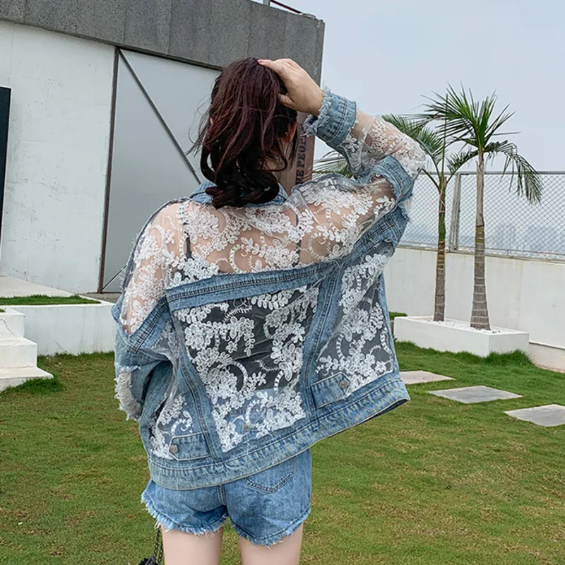 Autumn Fashion Streetwear Lace Patchwork Denim Jacket Women Embroidery 2024 Summer Patchwork Loose Jean Sunscreen Coat Female