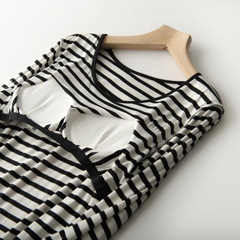 Built In Bra T-shirt Women Modal Striped Soft Long Sleeve Padded Lingerie Lounge Loose Breathable Sleeping Tops Clothing Women