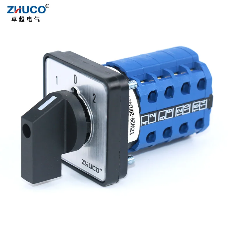 ZHUCO SZW26/LW26-20 Ui 660V 20A 16 Terminals 1-0-2 4 Phase 64X64 48X48Mm Panel Mount Universal Rotary Knob Cam Changeover Switch