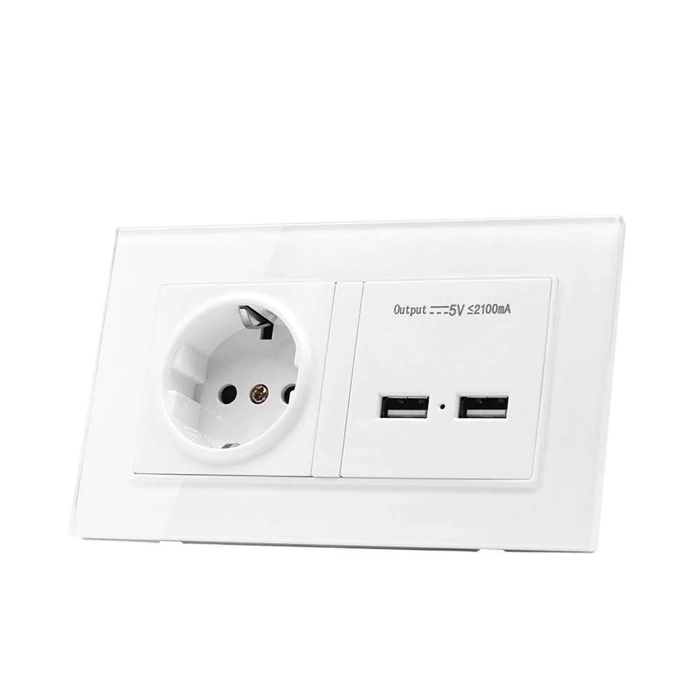 Wall Socket Eu Standard Power Outlet With Dual Usb Smart Induction Charge Port For Mobile 2.1a Crystal Glass Panel