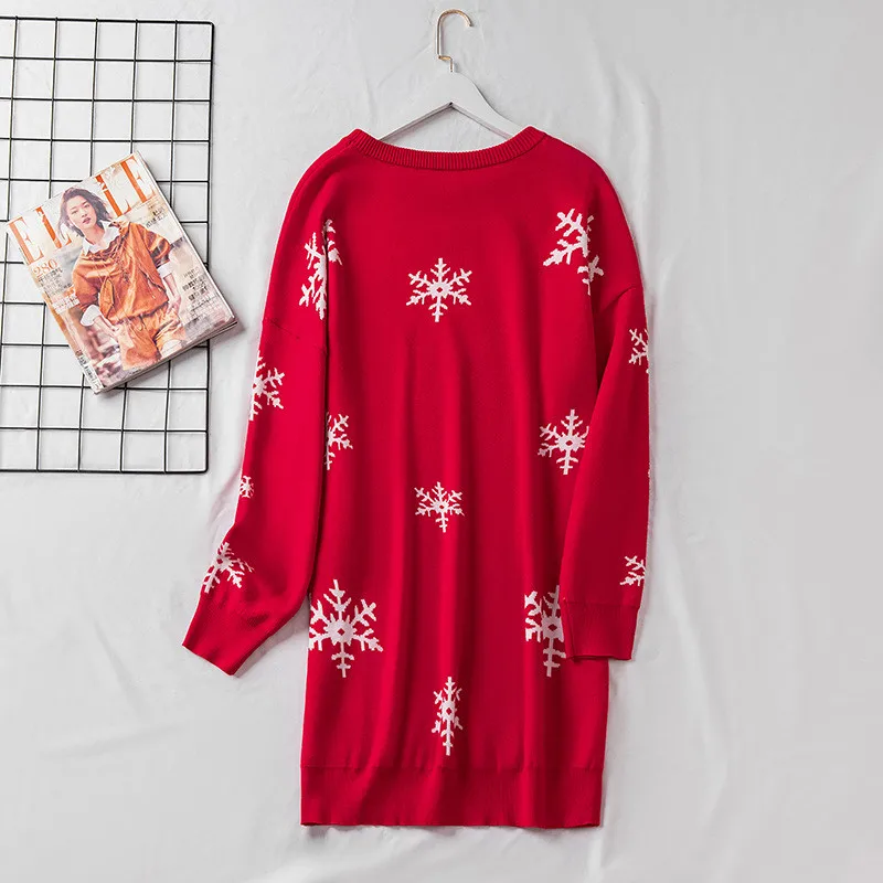 2022 New Snowflake Print Long Sweater Women's Autumn Winter Long Sleeve O-Collar Red Knit Dresses High Quality Bottoming Shirt