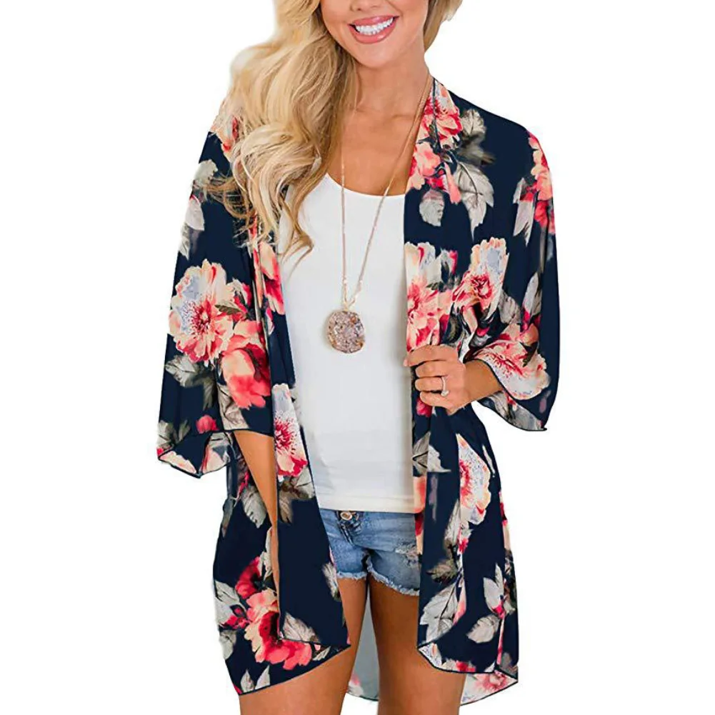 Mulheres Floral Leopardo Estampa Xale de Meia Manga, Kimono Chiffon, Cardigan de Praia, Bikini Cover Up, Wrap Beachwear, Exterior, Casaco Anti-UV