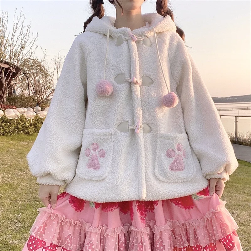 

Японское милое пальто для девочек Loli Kawaii с капюшоном, заячьими ушками, милыми роговыми пуговицами, длинными рукавами, карманами, овечьей шерстью, теплая утолщенная верхняя одежда