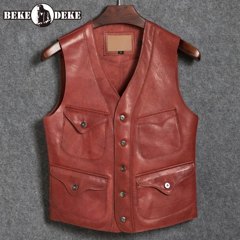 Harajuku Vintage Mens V Neck Genuine Leather Vest Jacket Cowboy Single Berasted Sleeveless Waistcoat High Quality Leather Vests