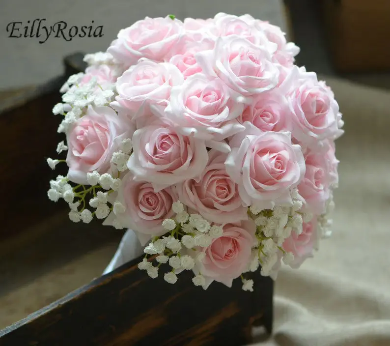 Eillyrosia Roze Bruidsboeket Rozen Gypsophila Ronde Eenvoudige Lovertjes Wit Lint Bruidsmeisje Houden Bloem Mariage Champetre