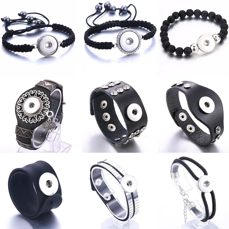 2020 New Snap Button Jewelry Vintage Beaded Black Leather Snap Bracelet Fit 18mm Snap Buttons Bohemia Magnetic Leather Bracelets