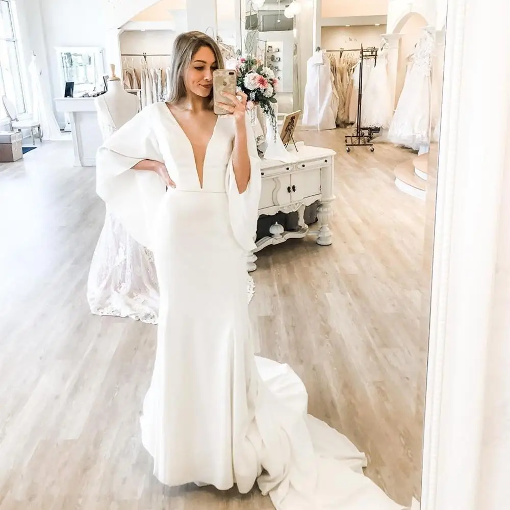 LSYX Mermaid Wedding Dress V-Neck Sexy Satin Flare Sleeve White sweep Train Floor Length Elegant Bridal Gowns  For Lady Gorgeous