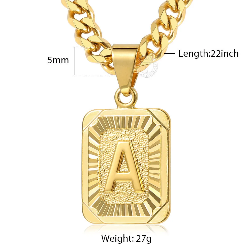 Womens Mens Necklace Stainless Steel Gold Color Curb Cuban Link Chain Square Letter Pendant Necklace for Men Dropship LGP57_B