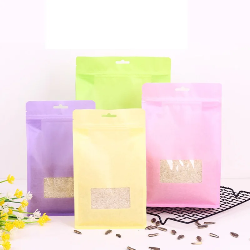 

300pcs/lot Big Capability Food Moisture-proof Plastic Kraft paper Bags Clear Window Bags Stand Up Flat Bottom Packaging Bags