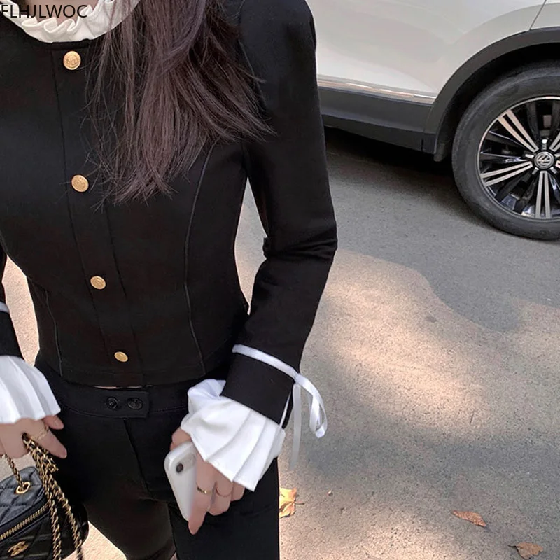 2021 New Year Date Feminine Vestidos Stand Collar Retro Vintage European French Style Little Black Patchwork White Shirt Dress