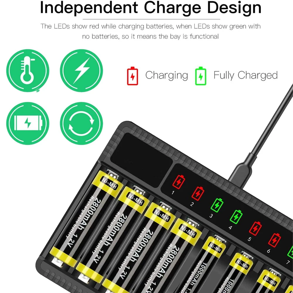 8 Slot Smart Battery Charger DC 5V LED Display Ni-MH Battery Charger with USB  Port for AA/AAA NiMH Rechargeable Batteries