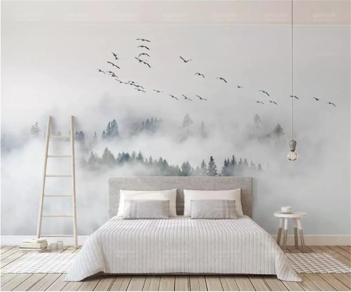 

Custom wallpaper clouds and mist flying birds abstract landscape forest living room bedroom sofa background wall 3d wallpaper