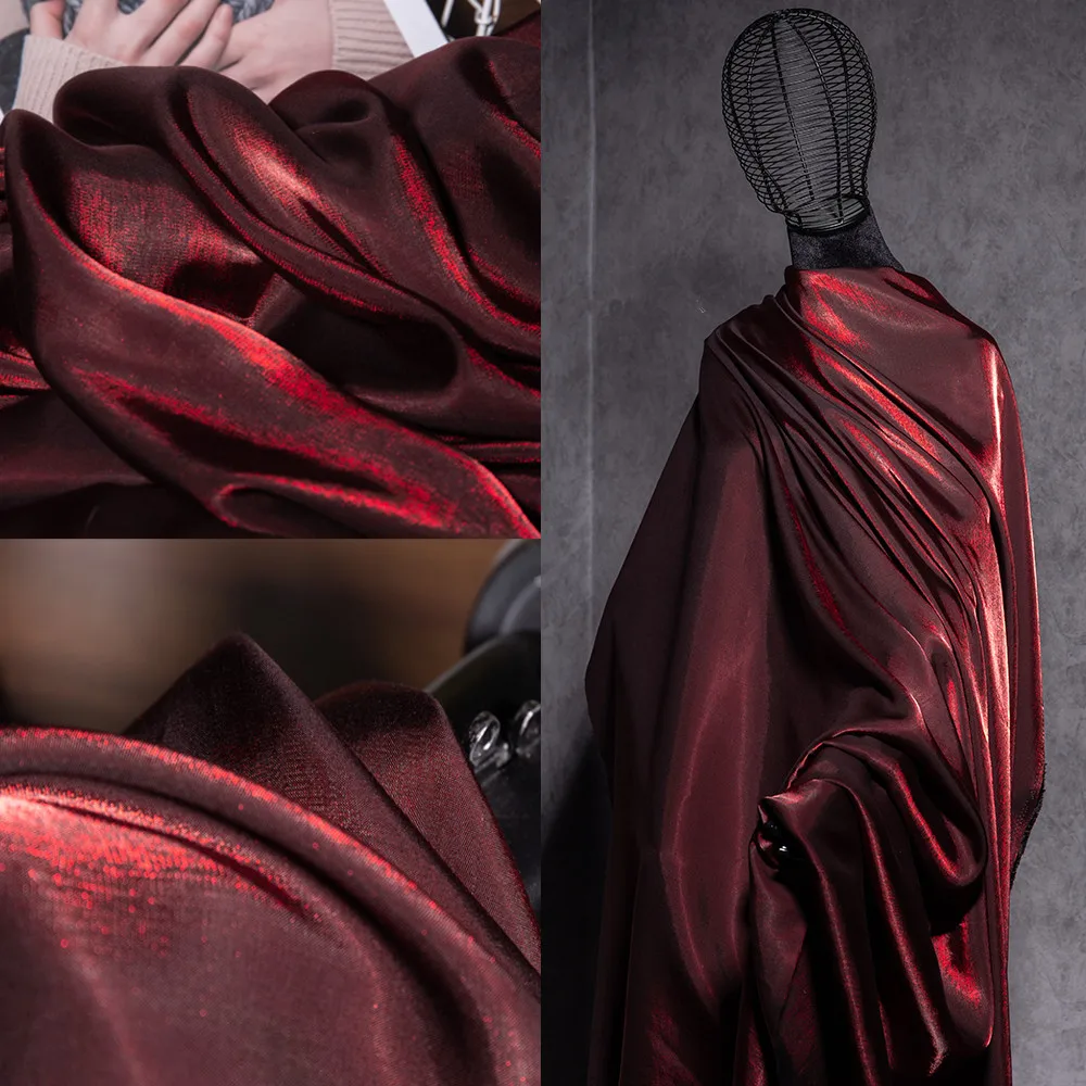 Burgundy Colored Glass Silk Satin Gradient Fabric Hanfu Pants Skirt Wedding Dress Fabric Skin-friendly Breathable Bright Luster