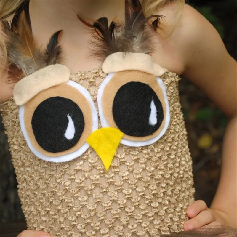 Cute Girls Coffee Owl Feather Tutu Dress Kids Crochet Cartoon Strap Dress Children Birthday Party Costume Animal Cosplay Dresses