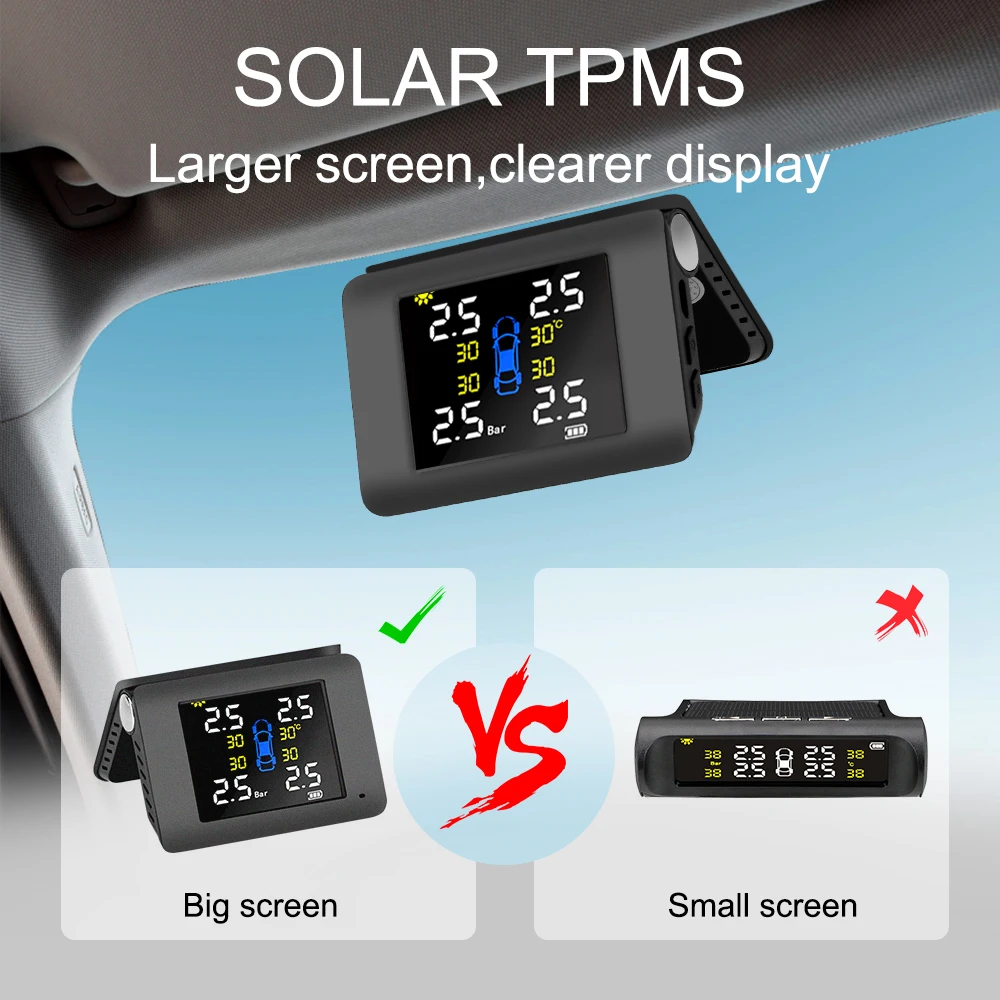 LED Display Car Tire Pressure Monitoring System Solar Power TPMS With 4 External or Built-in Sensors