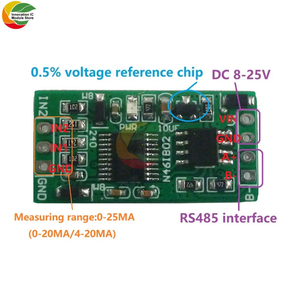 4-20MA to RS485 2 Channel DC 12V 0-25MA Analog acquisition module 12Bit ADC Board Modbus RTU PLC