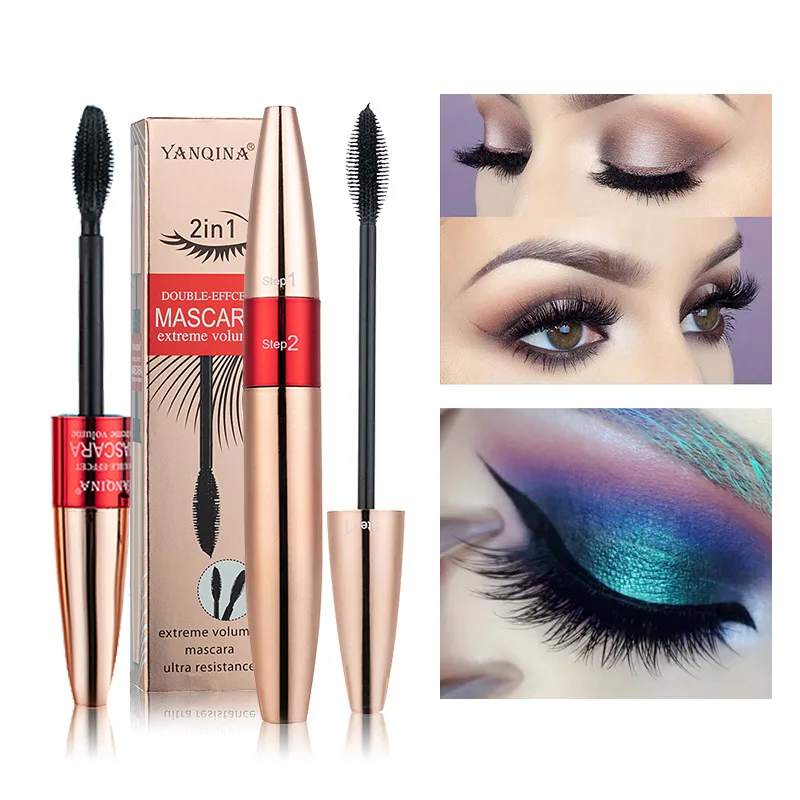 Mascara Silicagel Borstel 2in1 Verlengd Curling Dicht Waterdicht Niet Smudge Cool Black Wimper 8833