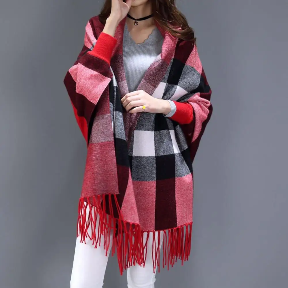 Women Autumn Striped Cloak Female Long Sleeves Cape Outside Street Wear Winter Knitted Plaid Cardigan Vintage Tassel Shawl Coat