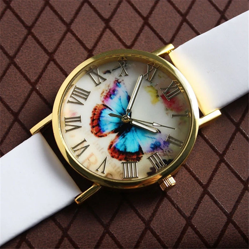 Fashion Women Casual Butterfly Faux Leather Strap Analog Quartz Dress Wrist Watch Ladies Dress Watches Gift Luxury