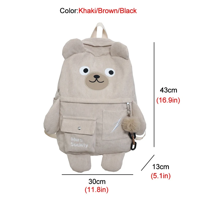 New Creative Cartoon Backpack Women Cute Bear Casual Backpacks Large Corduroy Embroidery Schoolbag For Teenage Student 2021