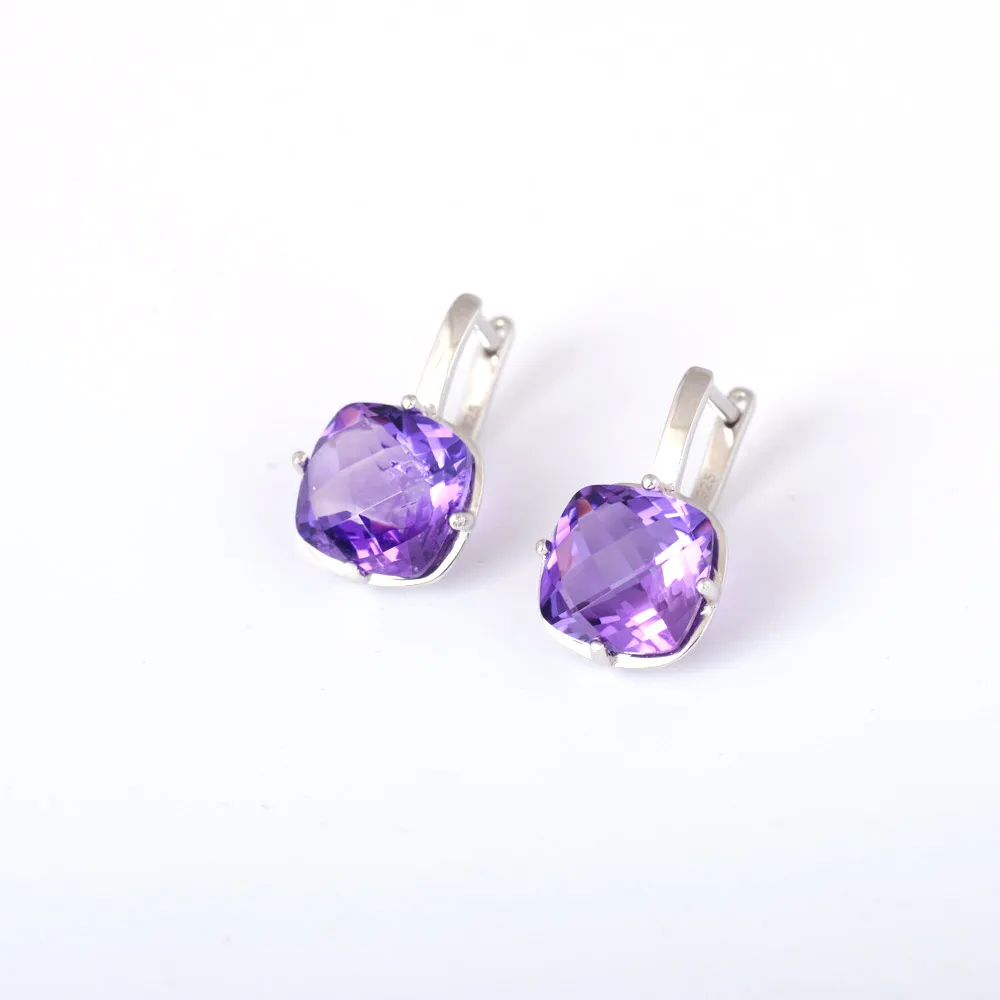 Elegant Natural Amethyst Earrings Sterling 925 Silver Crystal for Woman Lady Party Birthday Jewelry Gift Box Free Shipping