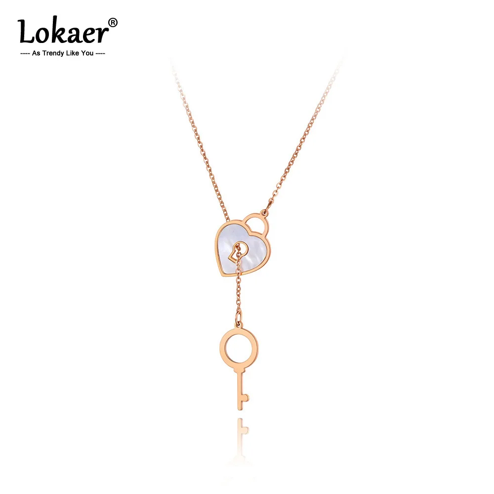 Lokaer Titanium Stainless Steel Key & Lock Charm Choker Necklaces For Women Girls Fashion CZ Crystal Pendant Necklace N20251