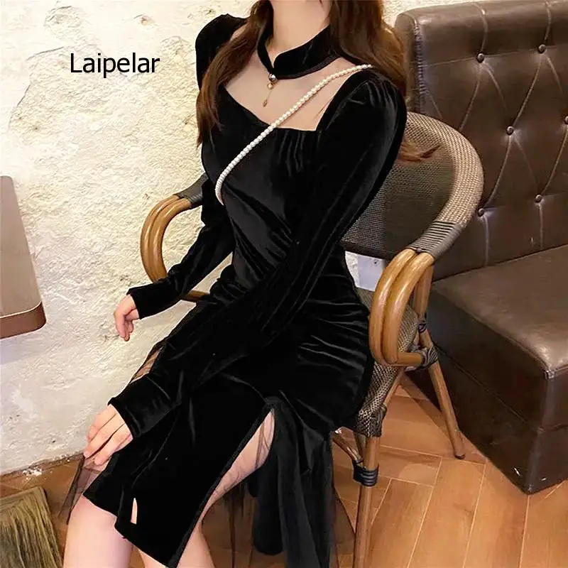 French Vintage Black Women 2021 Spring Long Sleeve Slim Party Dress Female One Piece Koran Winter Wear