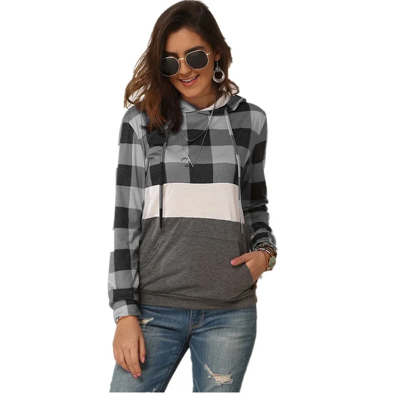 

Women's Long-Sleeved Plaid Hooded Tops, Female Shirt, European and American, Hot Sale, New, Spring, W904