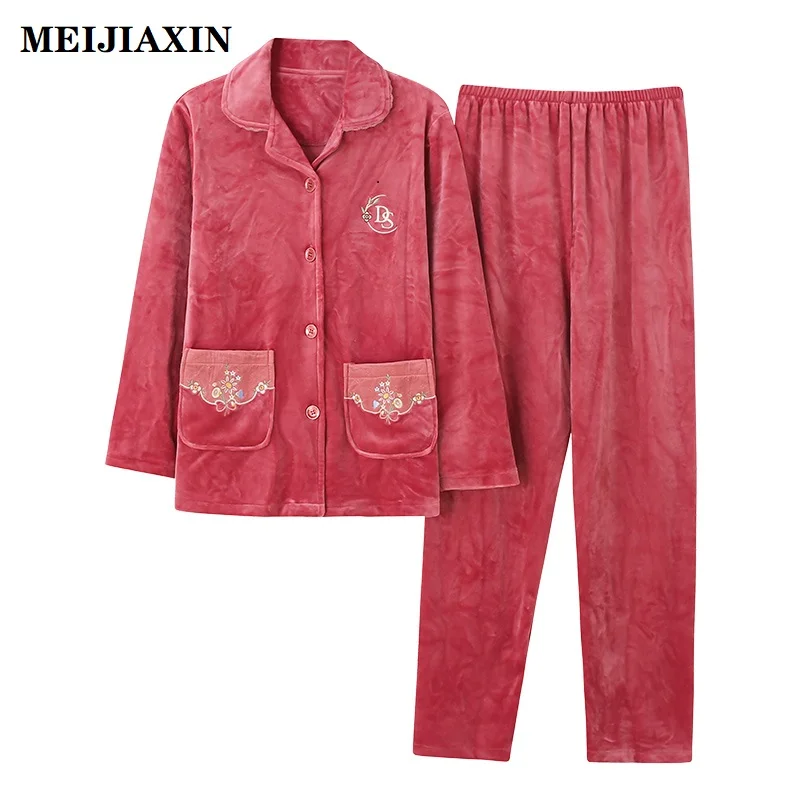 

Winter Thick Warm Women Flannel Pajamas Set Long Sleeve Turn-down Collar Cardigan 3XL Female Lounge Nighty Homewear