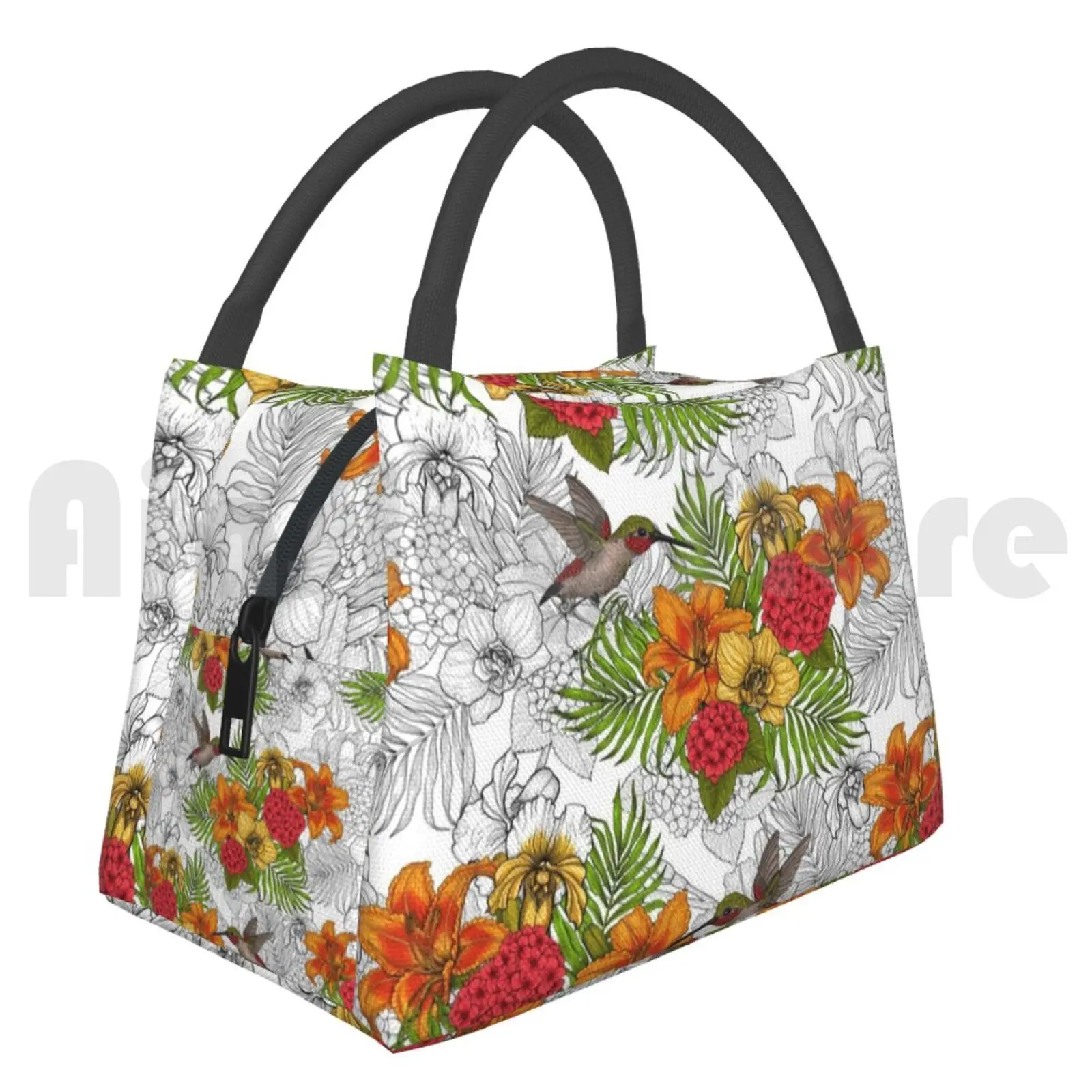 Cooler Lunch Bag Picnic Bag Hummingbirds And Tropical Bouquet Hummingbird Bird Botanical Bouquet Floral Lily Daylily