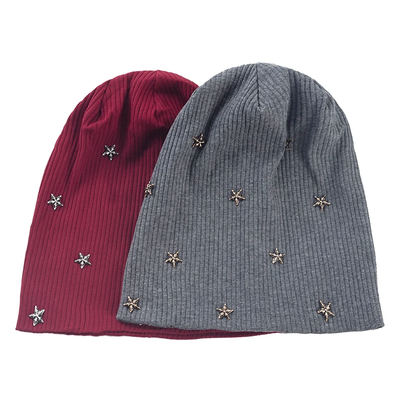 Geebro Women Star Ribbed knitted Cotton skullies Beanie Casual Soft Design Solid Bonnets hat Ladies Slouchy Hat Wholesale