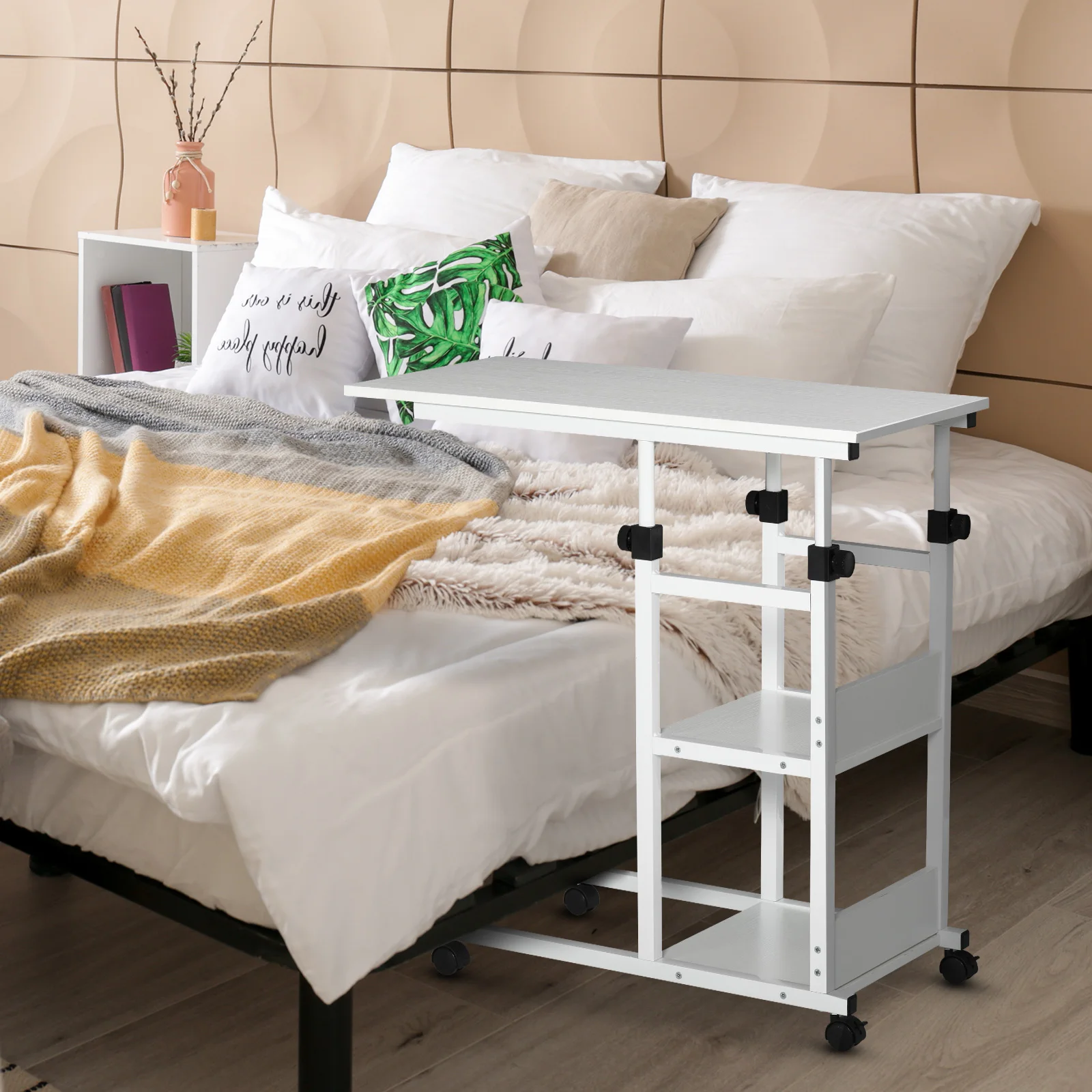 HOMCOM Mesa Auxiliar de Sofá 80x40 cm en Forma de C con Altura Ajustable Blanco