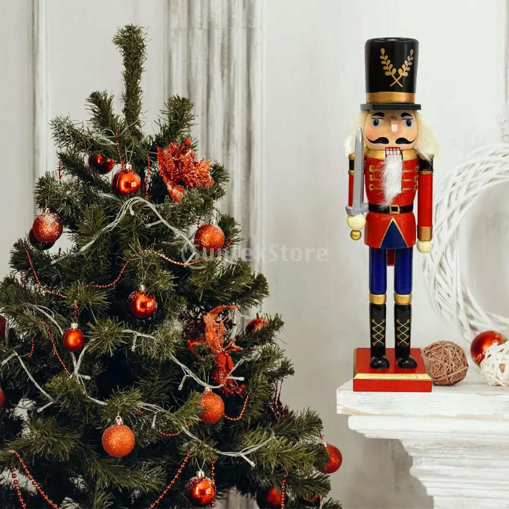 Wooden Nutcracker 30cm Tall, Multi-Coloured Soldier on Stand, Christmas Decorations Nutcrackers Decor Figure Handcraft Puppet